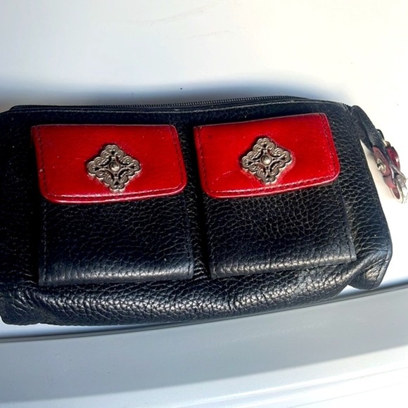 Brighton Leather Black Red Wallet Wristlet Silver Trim Pockets Zippered - Picture 2 of 6